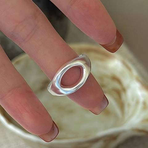 S925 Sterling Silver Hollow Oval Open Ring For Women Vintage Minimalist Irregular Adjustable Finger Ring Fashion Jewelry Accessory