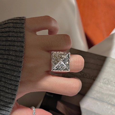 925 Sterling Silver Geometric Faceted Square Ring Niche Design Open Adjustable Vintage Heavy Industry Individual Finger Ring Jewelry