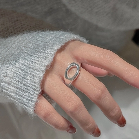 S925 Sterling Silver Hollow Oval Open Ring For Women Vintage Minimalist Irregular Adjustable Finger Ring Fashion Jewelry Accessory