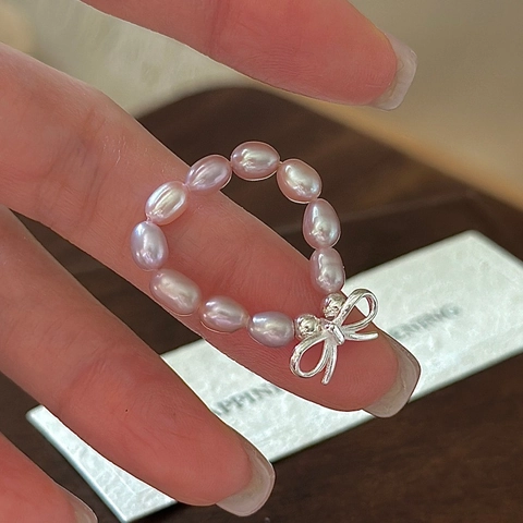 S925 Sterling Silver Bow Knot Freshwater Pearl Ring Korean Style Minimalist Adjustable Beaded Finger Ring For Women Jewelry