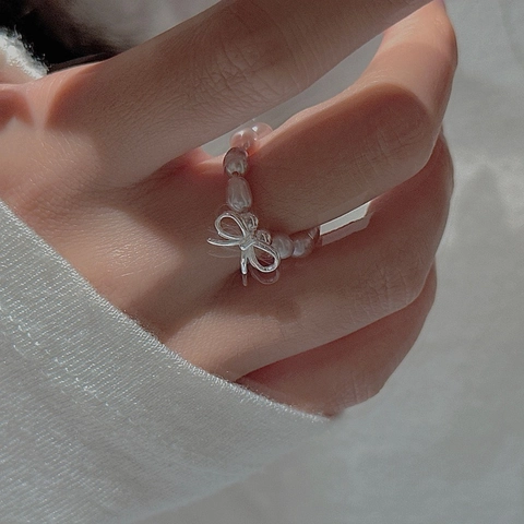 S925 Sterling Silver Bow Knot Freshwater Pearl Ring Korean Style Minimalist Adjustable Beaded Finger Ring For Women Jewelry