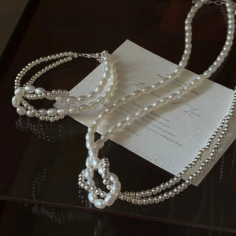 Bracciale a Nodo in Argento Sterling 925 da Donna Stile Coreano Semplice a Doppio Strato Perle Artificiali Gioielli Argento