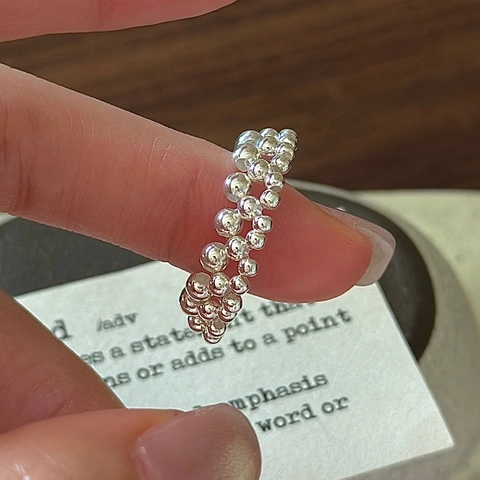 925 Sterling Silver Beaded Ring Adjustable Open Double Layer Gradient Interwoven Beads Minimalist Jewelry For Women