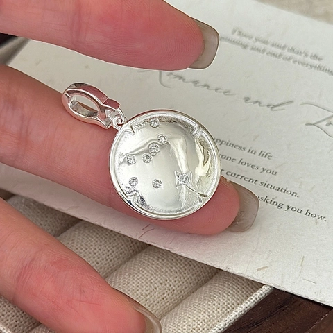Vintage 925 Sterling Silver Round Coin Pendant Moon Star Zodiac Pig Embossed Rhinestone Inlaid Charm For Women Jewelry