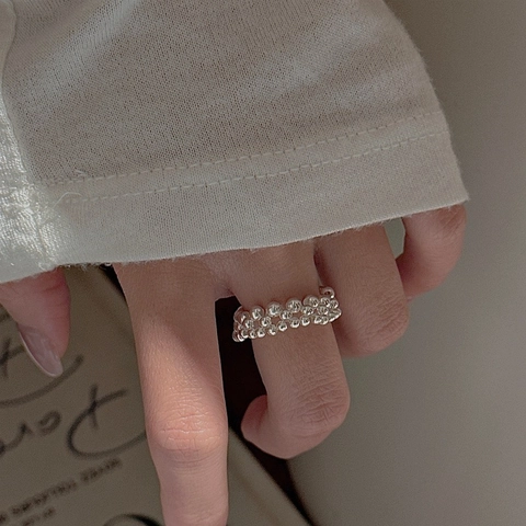 925 Sterling Silver Beaded Ring Adjustable Open Double Layer Gradient Interwoven Beads Minimalist Jewelry For Women