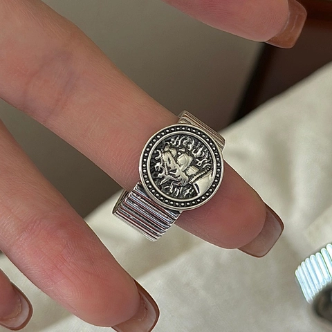925 Sterling Silver Vintage Coin Portrait Open Ring For Women Retro Head Relief Ribbed Wide Adjustable Finger Ring Jewelry