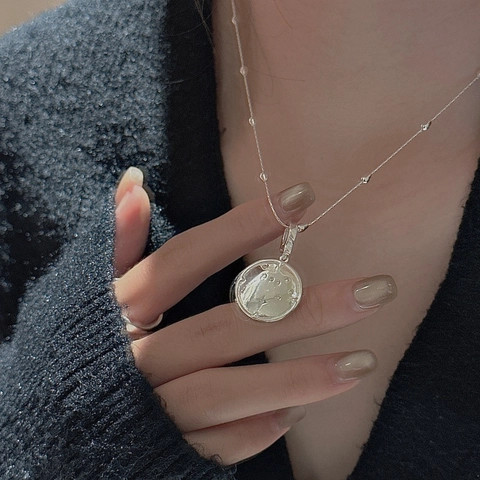 Vintage 925 Sterling Silver Round Coin Pendant Moon Star Zodiac Pig Embossed Rhinestone Inlaid Charm For Women Jewelry