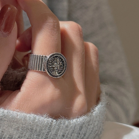 925 Sterling Silver Vintage Coin Portrait Open Ring For Women Retro Head Relief Ribbed Wide Adjustable Finger Ring Jewelry