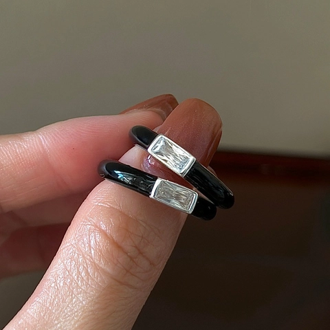 Retro S925 Sterlingsilber Schwarz Emaille Zirkonia Offener Ring Für Damen Koreanisch Einfach Verstellbarer Ring Schmuck Set