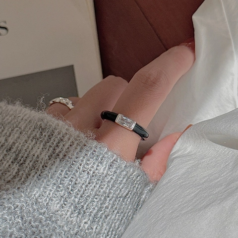 Retro S925 Sterlingsilber Schwarz Emaille Zirkonia Offener Ring Für Damen Koreanisch Einfach Verstellbarer Ring Schmuck Set