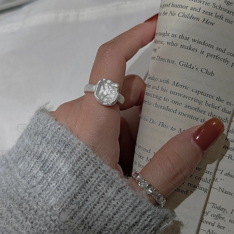 Anillo Irregolare de Plata de Ley 925 Vintage para Mujer Textura Mate Minimalista Anillo de Dedo Abierto Ajustable Joyería