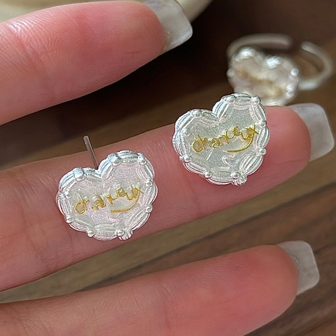 S925 Sterlingsilber Herz Ohrstecker Für Damen Koreanischer Stil Gold Silber Zweifarbig Buchstaben Gravur Schmuck