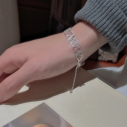 925 Sterling Silver Mesh Woven Bracelet For Women Niche Design Adjustable Rhinestone Beaded Lace Jewelry Gift