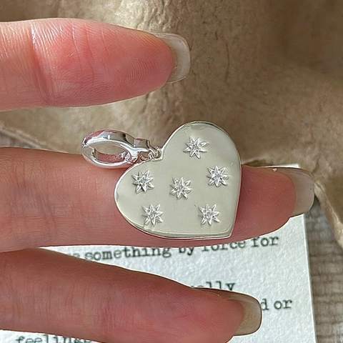 Ciondolo a Cuore in Argento Sterling 925 per Donna Vintage Inciso con Raggi di Stella Piccolo Ciondolo Trendy Gioielli con Strass Regalo