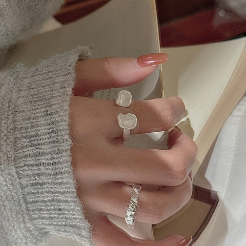 S925 Sterling Silver Adjustable Opening Ring For Women Korean Style Vintage Hammered Texture Matte Silver Ins Fashion Irregular Finger Ring Jewelry