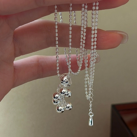 925 Sterling Silver Grape Cluster Pendant Necklace For Women Minimalist Vintage Round Bead Chain Niche Design Korean Jewelry