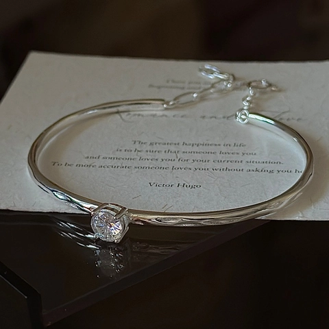 Brazalete de Ondas Martilladas de Plata de Ley 925 Minimalista Para Mujer Moda Ajustable Con Incrustaciones de Strass Joyería