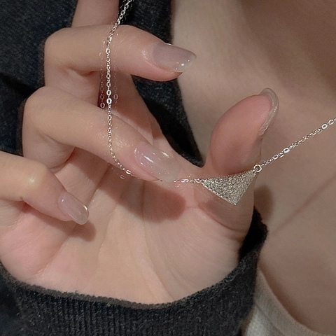 925 Sterling Silver Triangle Pendant Necklace For Women Pave Rhinestone Geometric Clavicle Chain Korean Style Minimalist Jewelry