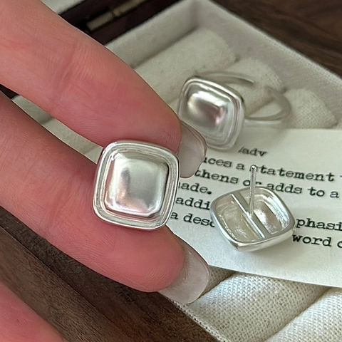 925 Sterling Silver Square Jewelry For Women Minimalist Vintage Geometric Stud Earrings And Open Ring Fine Jewelry