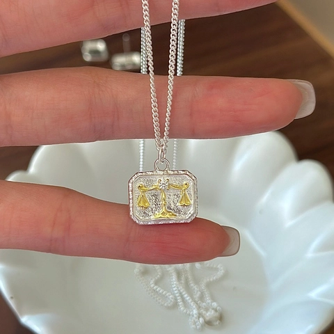 Vintage 925 Sterlingsilber Waage Sternzeichen Halskette Für Damen Bicolor Gold Silber Anhänger Strass Schlüsselbeinkette