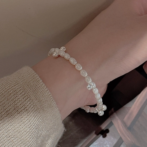 925 Sterling Silver Freshwater Pearl Bracelet For Women Niche Minimalist Design Round Ball Charm Handmade Adjustable Jewelry Gift