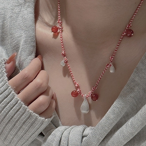S925 Sterling Silver Water Drop Pendant Necklace Braided Red Cord Agate Beads Ethnic Minimalist Jewelry Gift For Women