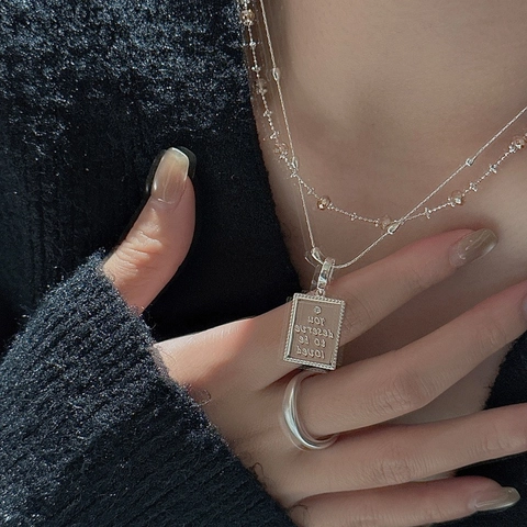 925 Sterling Silver Rectangle Inscription Pendant Necklace For Women You Deserve To Be Loved Rhinestone Beaded Minimalist Jewelry