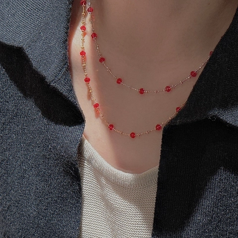 S925 Sterling Silver Red Faceted Bead Necklace For Women Korean Style Simple Gold Plated Niche Design Jewelry Chain Necklace