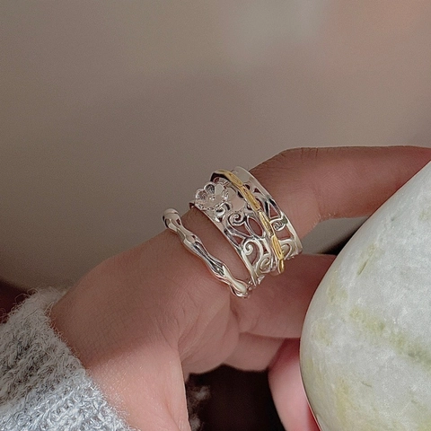 925 Sterlingsilber Vintage Hohl Blume Bambus Kontrast Farbe Verstellbarer Ring Für Damen Nischen-Design Modeschmuck