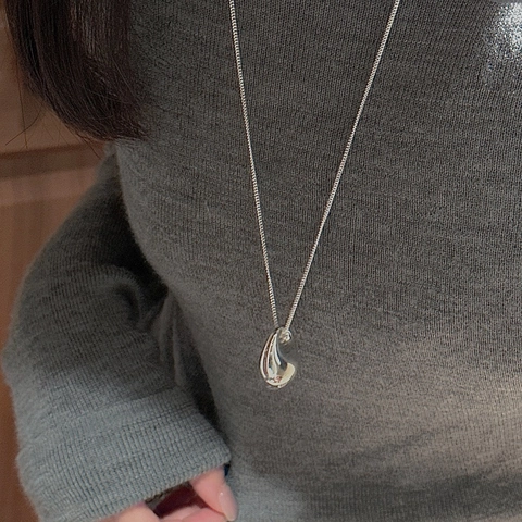 925 Sterling Silver Minimalist Organic Shape Water Drop Pendant Necklace For Women Geometric Long Sweater Chain Fashion Jewelry Gift