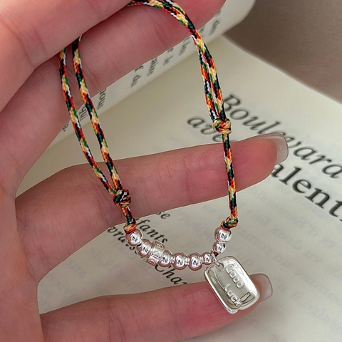 925 Sterling Silver Multicolored Braided Rope Bracelet For Women Good Luck Engraved Tag Beads Hand-woven Korean Vintage Jewelry
