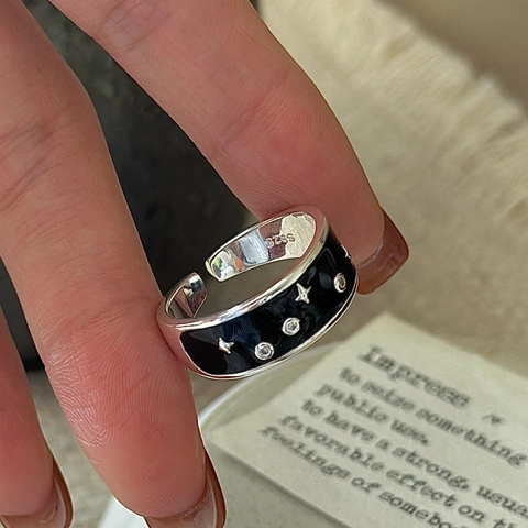 925 Sterling Silver Star Black Enamel Open Ring For Women Retro Minimalist Adjustable Finger Ring Fashion Jewelry Accessory