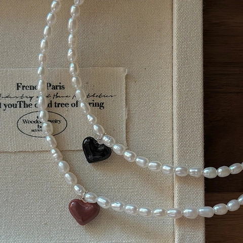 Collana di Perle Artificiali con Ciondolo a Cuore in Argento Sterling 925 Vintage Francese per Donna Elegante Girocollo Retro