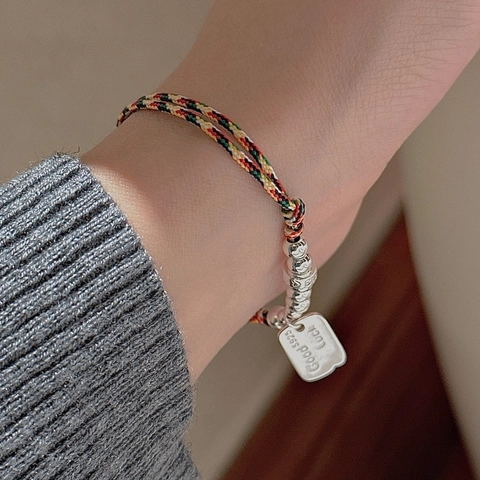 925 Sterling Silver Multicolored Braided Rope Bracelet For Women Good Luck Engraved Tag Beads Hand-woven Korean Vintage Jewelry