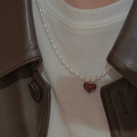 Collana di Perle Artificiali con Ciondolo a Cuore in Argento Sterling 925 Vintage Francese per Donna Elegante Girocollo Retro