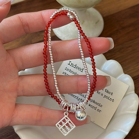 Vintage 925 Sterling Silver Red Agate Abacus Double Layer Bracelet For Women Korean Style Lucky Beaded Hand Jewelry