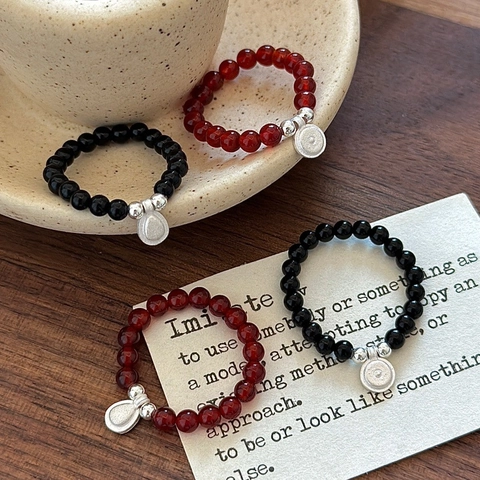 Retro 925 Sterlingsilber Perlen Ring Für Damen Minimalistisch Handgemacht Elastisch Verstellbar Schwarz Rot Achat Stil Schmuck Geschenk