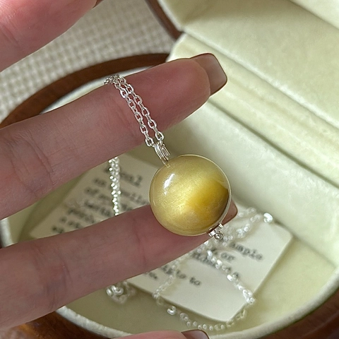 925 Sterling Silver Retro Gold Tiger Eye Pendant Necklace For Women Korean Style Simple Geometric Sphere Sweater Chain Jewelry