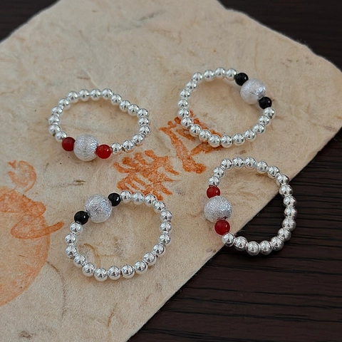 925 Sterling Silver Beaded Ring For Women Vintage Brushed Texture Adjustable Elastic Cord Minimalist Korean Style Finger Ring Jewelry