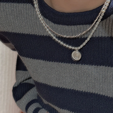 925 Sterling Silver Artificial Pearl Necklace Retro Portrait Coin Pendant Double Layered Korean Minimalist Jewelry For Women