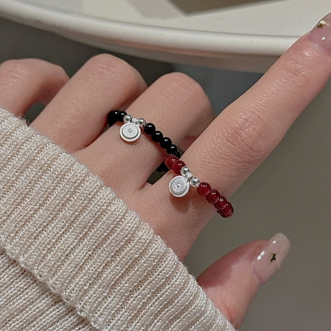 Retro 925 Sterlingsilber Perlen Ring Für Damen Minimalistisch Handgemacht Elastisch Verstellbar Schwarz Rot Achat Stil Schmuck Geschenk
