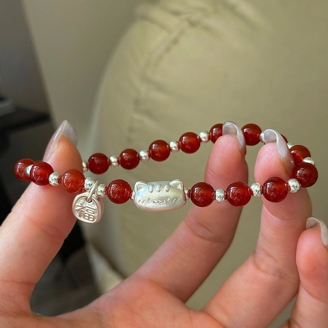 925 Sterling Silver Red Agate Beaded Bracelet For Women Retro Cat Charm Blessing Lucky Bracelet Korean Fashion Jewelry