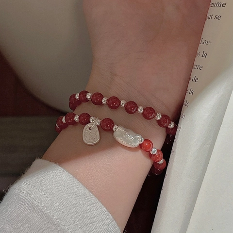 925 Sterling Silver Red Agate Beaded Bracelet For Women Retro Cat Charm Blessing Lucky Bracelet Korean Fashion Jewelry