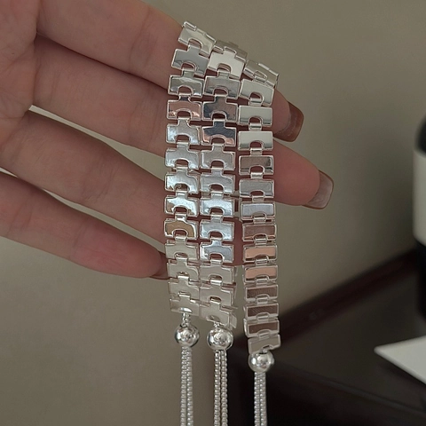 Pulsera Ajustable de Plata de Ley 925 con Eslabón en H para Mujer Minimalista Geométrica Cierre Bolo Deslizante Joyería Coreana