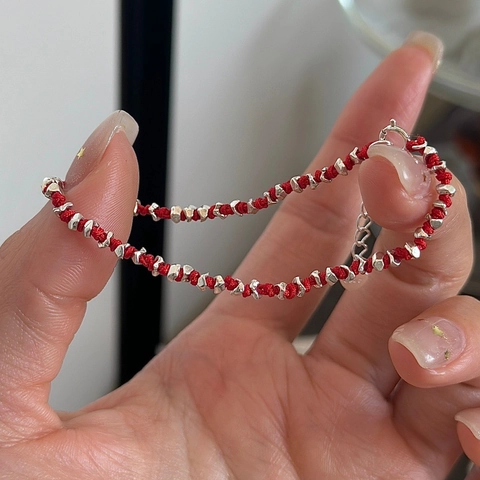 925 Sterling Silver Red Woven Rope Bracelet For Women Vintage Irregular Silver Beads Adjustable String Bracelet Jewelry Gift