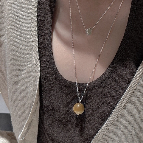 925 Sterling Silver Retro Gold Tiger Eye Pendant Necklace For Women Korean Style Simple Geometric Sphere Sweater Chain Jewelry