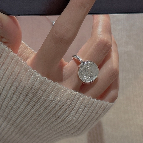 Anello Aperto in Argento Sterling 925 Vintage Con Rilievo a Moneta di Cavallo Regolabile Gioielli di Moda per Donna