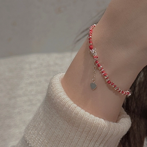 925 Sterling Silver Red Woven Rope Bracelet For Women Vintage Irregular Silver Beads Adjustable String Bracelet Jewelry Gift