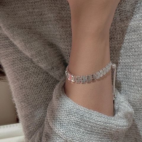 Pulsera Ajustable de Plata de Ley 925 con Eslabón en H para Mujer Minimalista Geométrica Cierre Bolo Deslizante Joyería Coreana