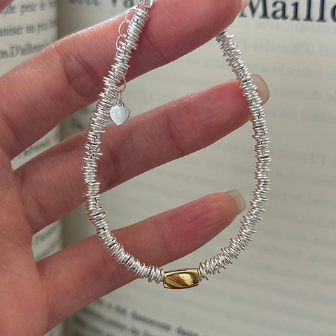 925 Sterlingsilber Armband Für Damen Minimalistischer Kontrast Gold Silber Spiralkette Unregelmäßiger Herzanhänger Schmuck Geschenk